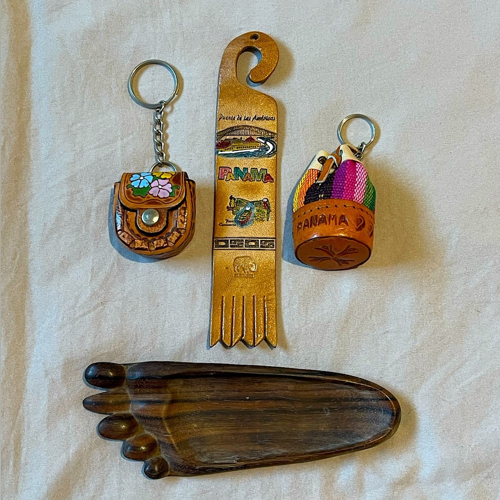 Handmade Panamanian Leather Keychains/Bookmark & Wood Foot Shaped Decor Tray
